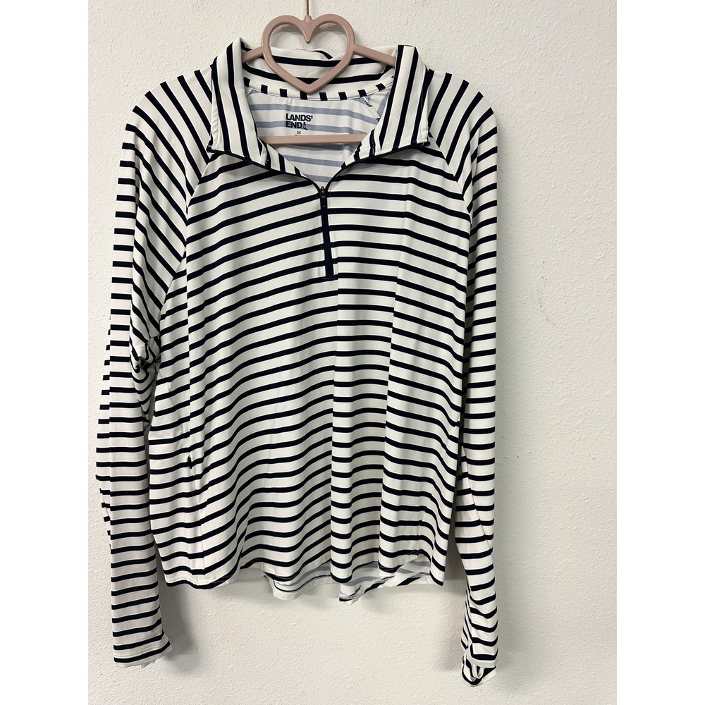 LANDS' END Long Sleeve Stretchy Striped Rash Guard/Swim Tee Women 2X, Navy White